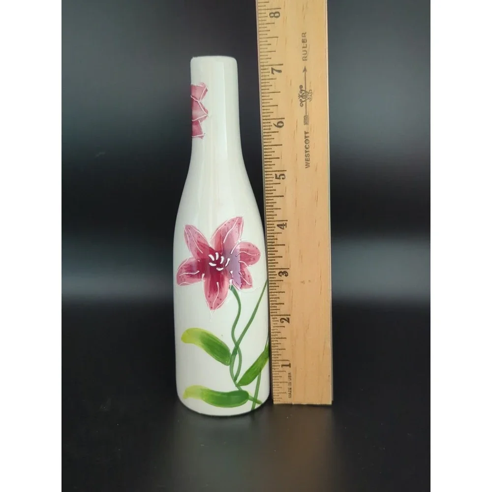 Hand Painted Porcelain Lilies Bottle Vase Handcrafted 7in Floral 1980s USA
